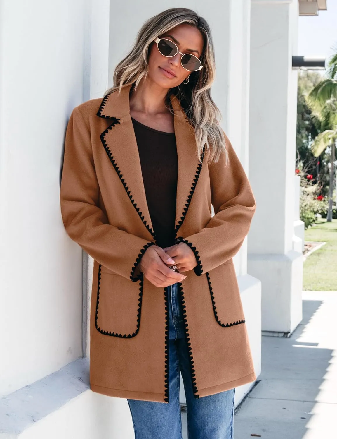 luvamia Pea Coats for Women Trendy Embroidered Contrast Trim Long Peacoat Jackets Lapel Button Winter Coat with Pockets