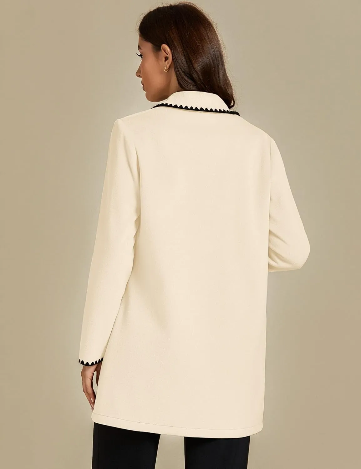 luvamia Pea Coats for Women Trendy Embroidered Contrast Trim Long Peacoat Jackets Lapel Button Winter Coat with Pockets