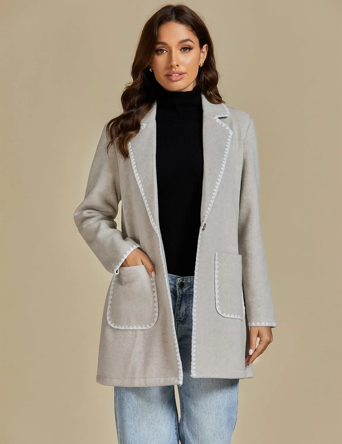 luvamia Pea Coats for Women Trendy Embroidered Contrast Trim Long Peacoat Jackets Lapel Button Winter Coat with Pockets