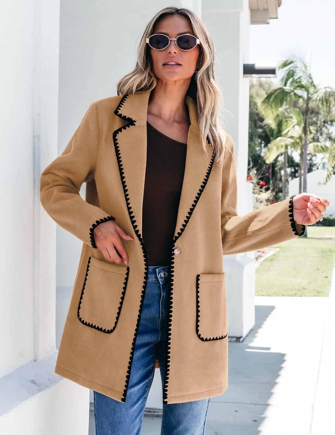 luvamia Pea Coats for Women Trendy Embroidered Contrast Trim Long Peacoat Jackets Lapel Button Winter Coat with Pockets