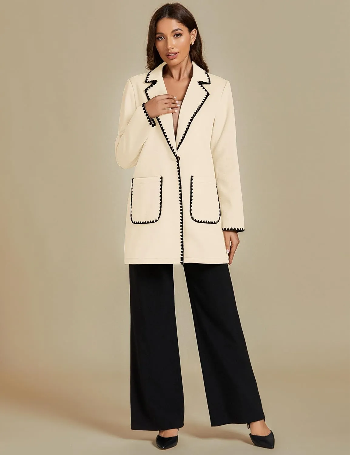 luvamia Pea Coats for Women Trendy Embroidered Contrast Trim Long Peacoat Jackets Lapel Button Winter Coat with Pockets
