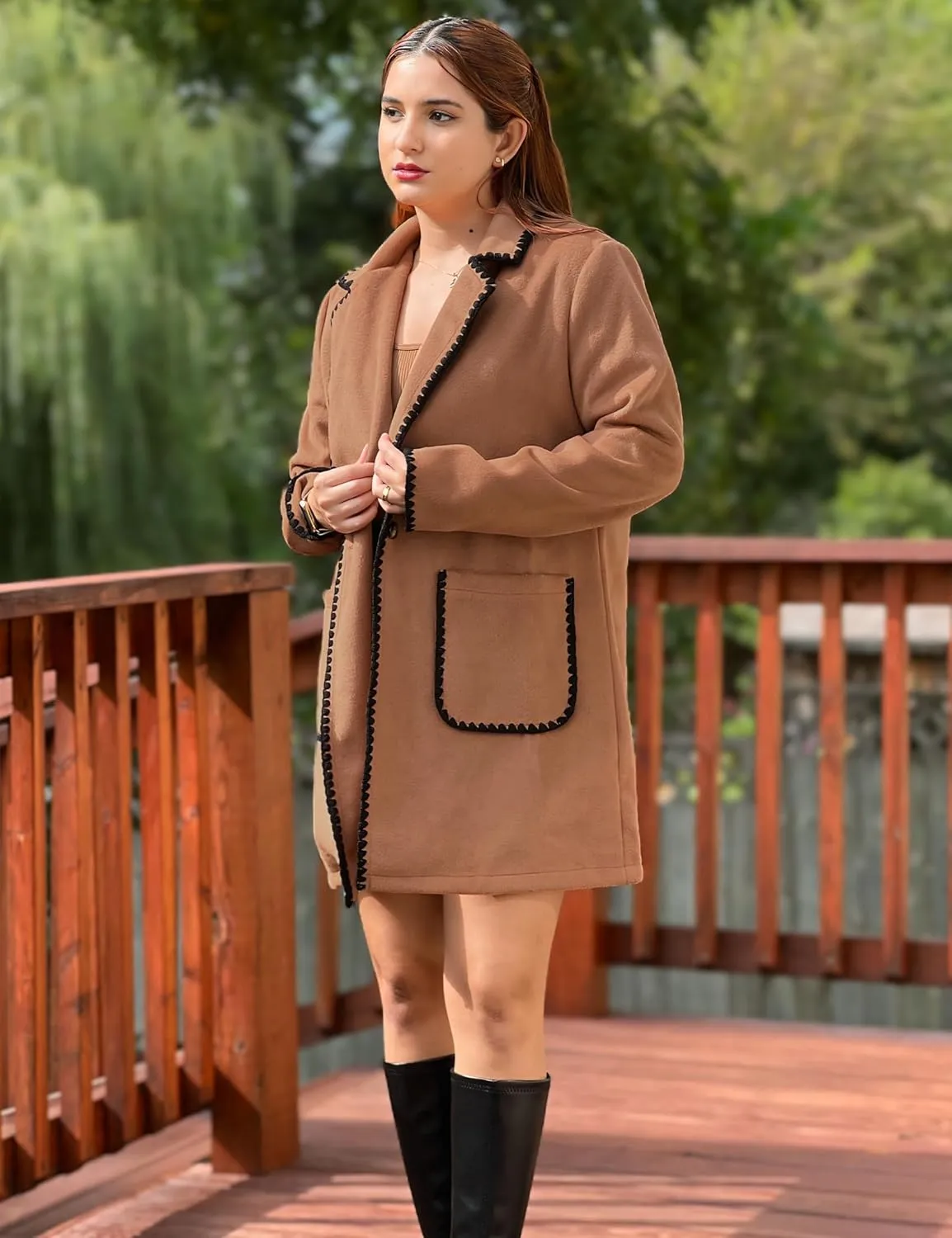 luvamia Pea Coats for Women Trendy Embroidered Contrast Trim Long Peacoat Jackets Lapel Button Winter Coat with Pockets