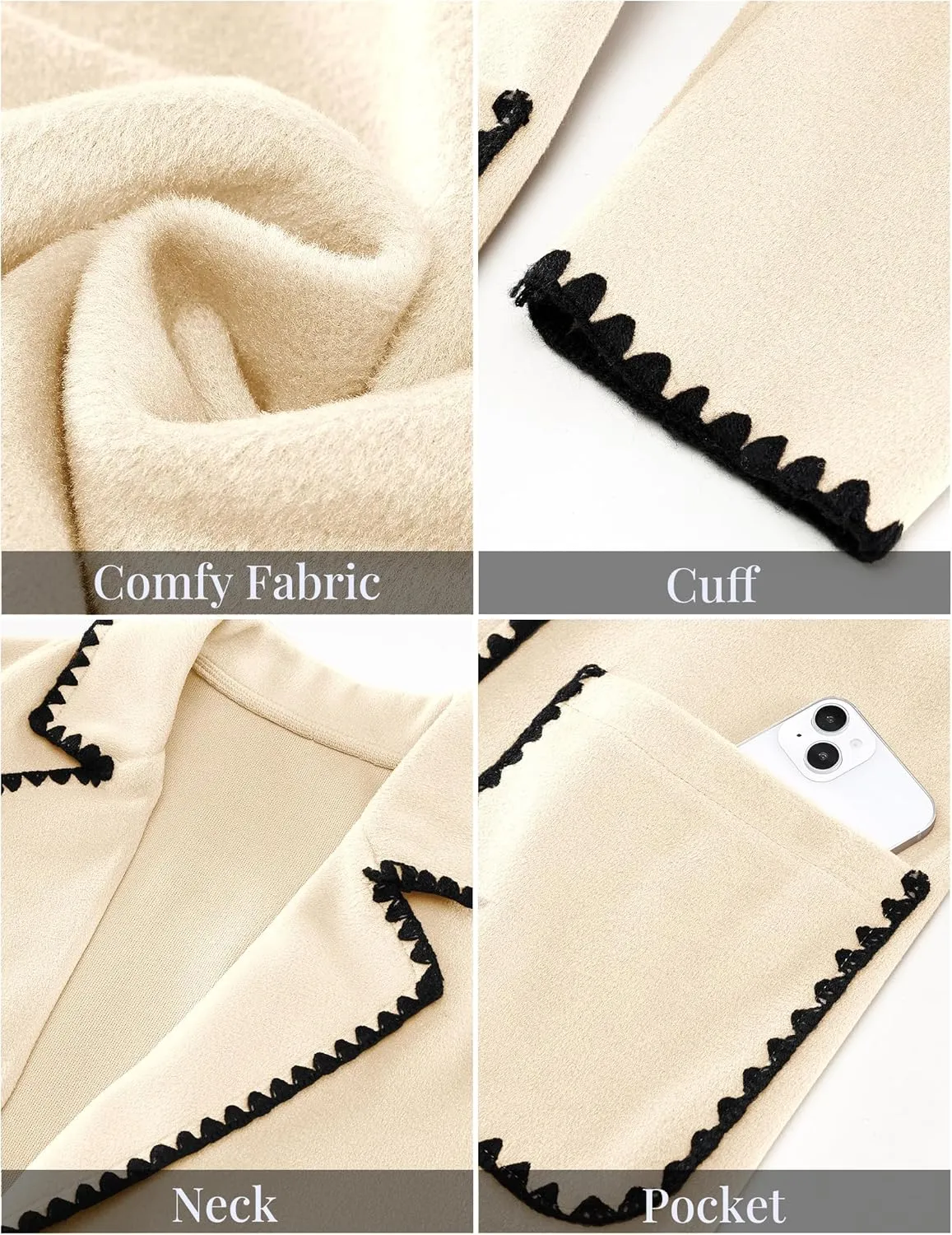 luvamia Pea Coats for Women Trendy Embroidered Contrast Trim Long Peacoat Jackets Lapel Button Winter Coat with Pockets