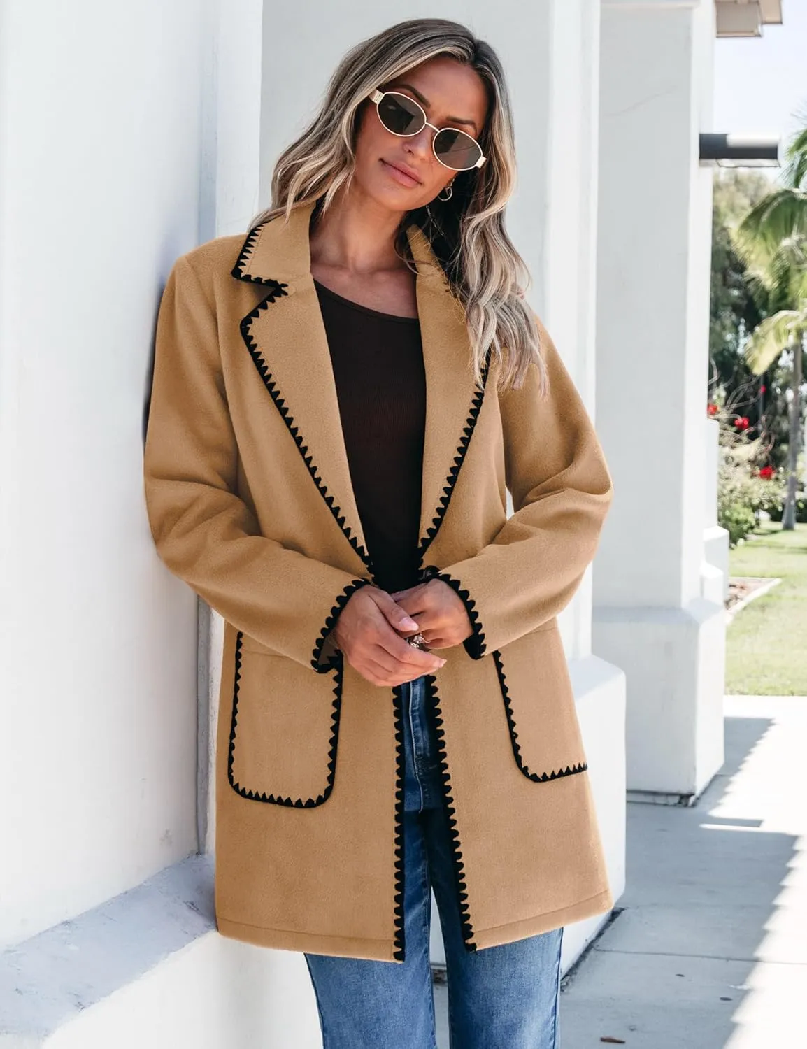 luvamia Pea Coats for Women Trendy Embroidered Contrast Trim Long Peacoat Jackets Lapel Button Winter Coat with Pockets