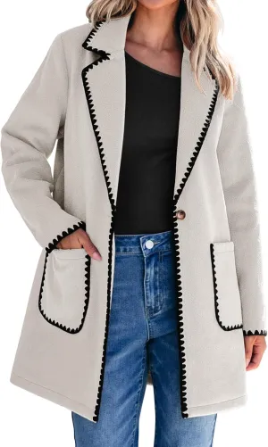 luvamia Pea Coats for Women Trendy Embroidered Contrast Trim Long Peacoat Jackets Lapel Button Winter Coat with Pockets