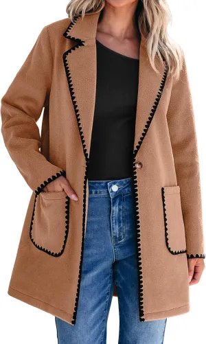 luvamia Pea Coats for Women Trendy Embroidered Contrast Trim Long Peacoat Jackets Lapel Button Winter Coat with Pockets