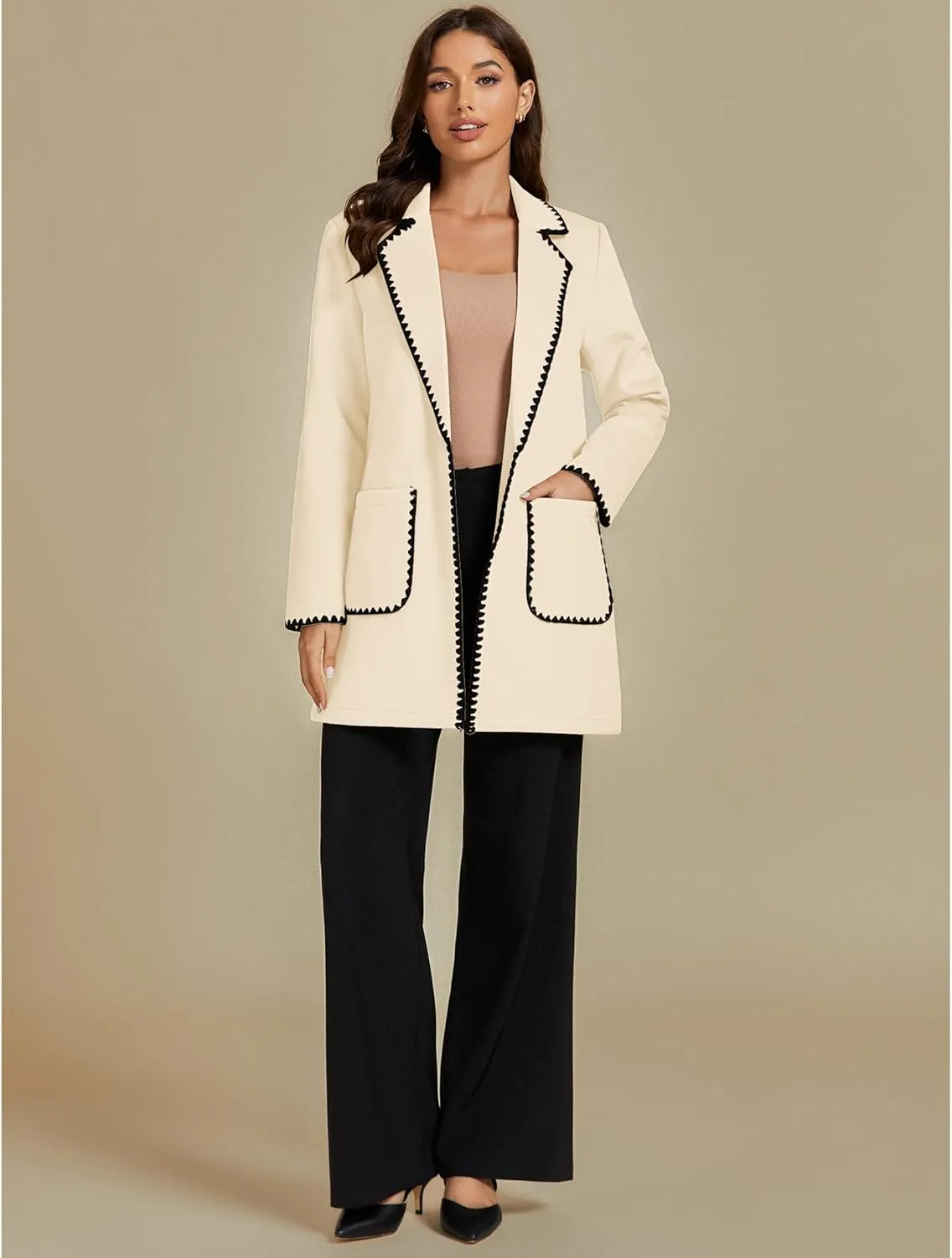 luvamia Pea Coats for Women Trendy Embroidered Contrast Trim Long Peacoat Jackets Lapel Button Winter Coat with Pockets