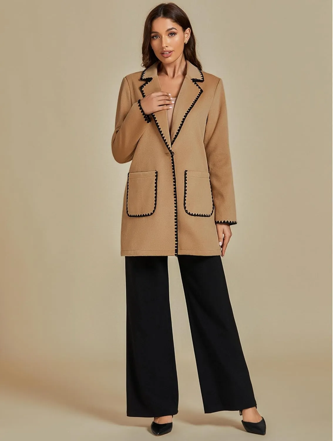 luvamia Pea Coats for Women Trendy Embroidered Contrast Trim Long Peacoat Jackets Lapel Button Winter Coat with Pockets