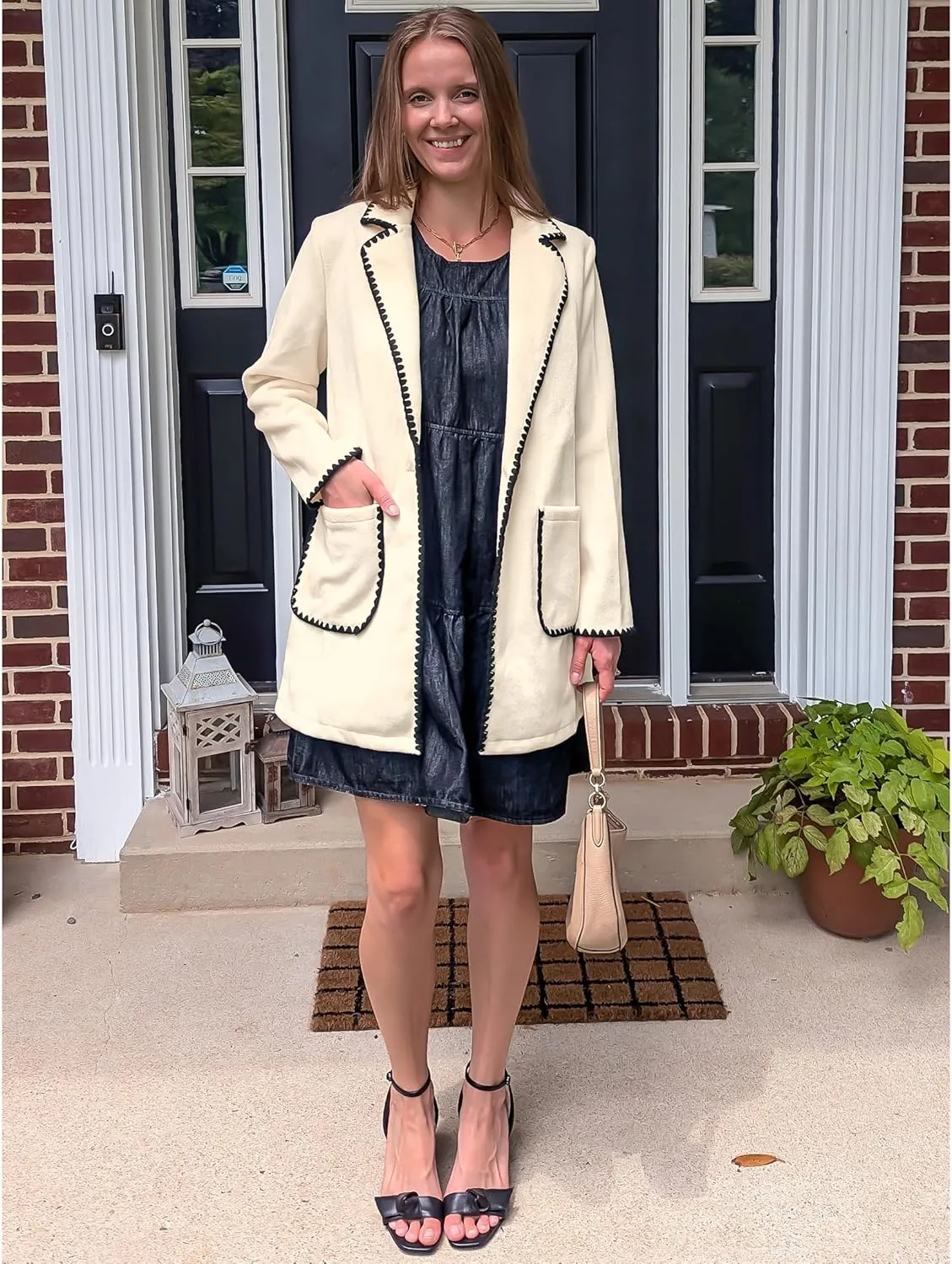 luvamia Pea Coats for Women Trendy Embroidered Contrast Trim Long Peacoat Jackets Lapel Button Winter Coat with Pockets