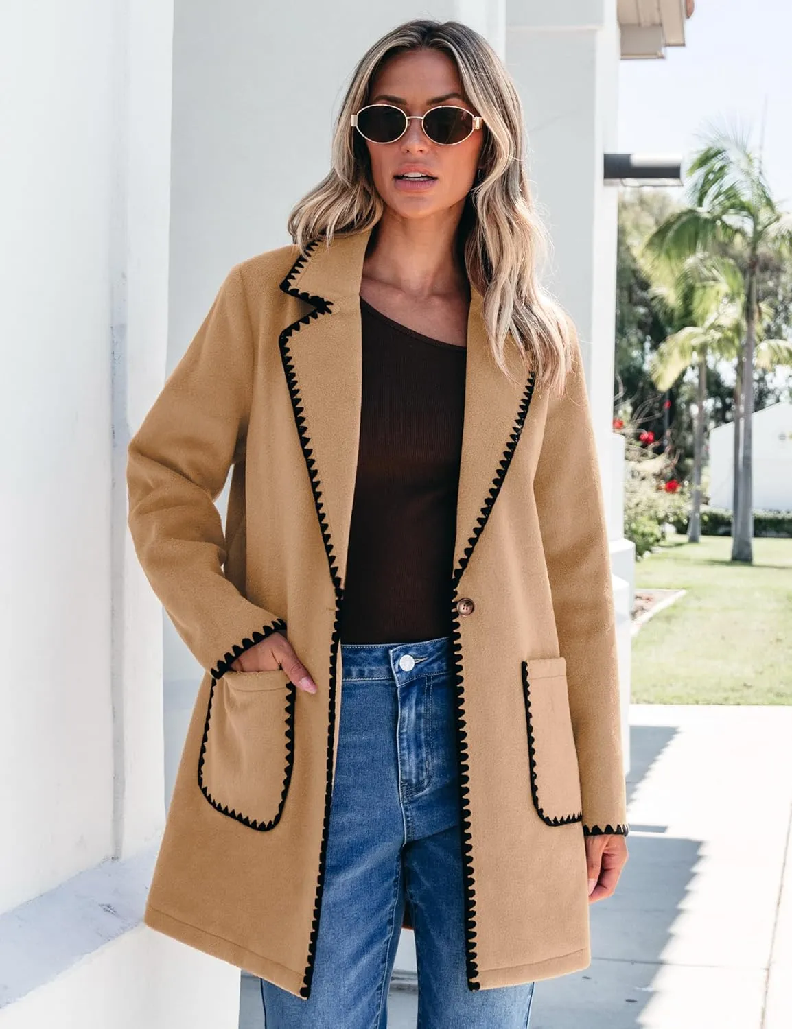 luvamia Pea Coats for Women Trendy Embroidered Contrast Trim Long Peacoat Jackets Lapel Button Winter Coat with Pockets