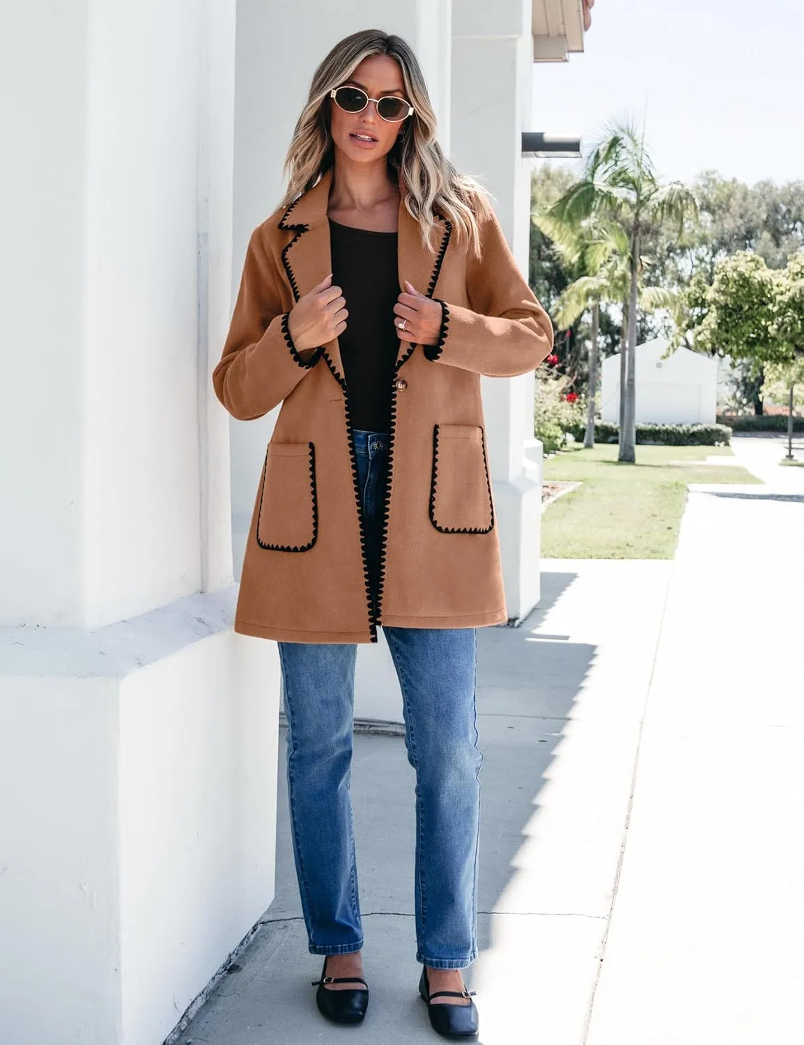 luvamia Pea Coats for Women Trendy Embroidered Contrast Trim Long Peacoat Jackets Lapel Button Winter Coat with Pockets
