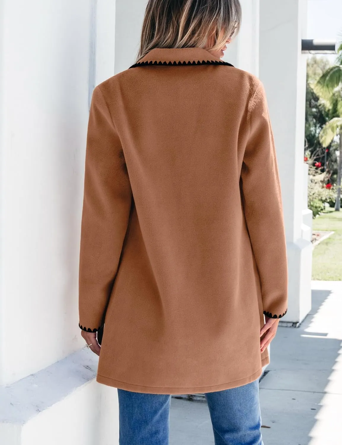 luvamia Pea Coats for Women Trendy Embroidered Contrast Trim Long Peacoat Jackets Lapel Button Winter Coat with Pockets
