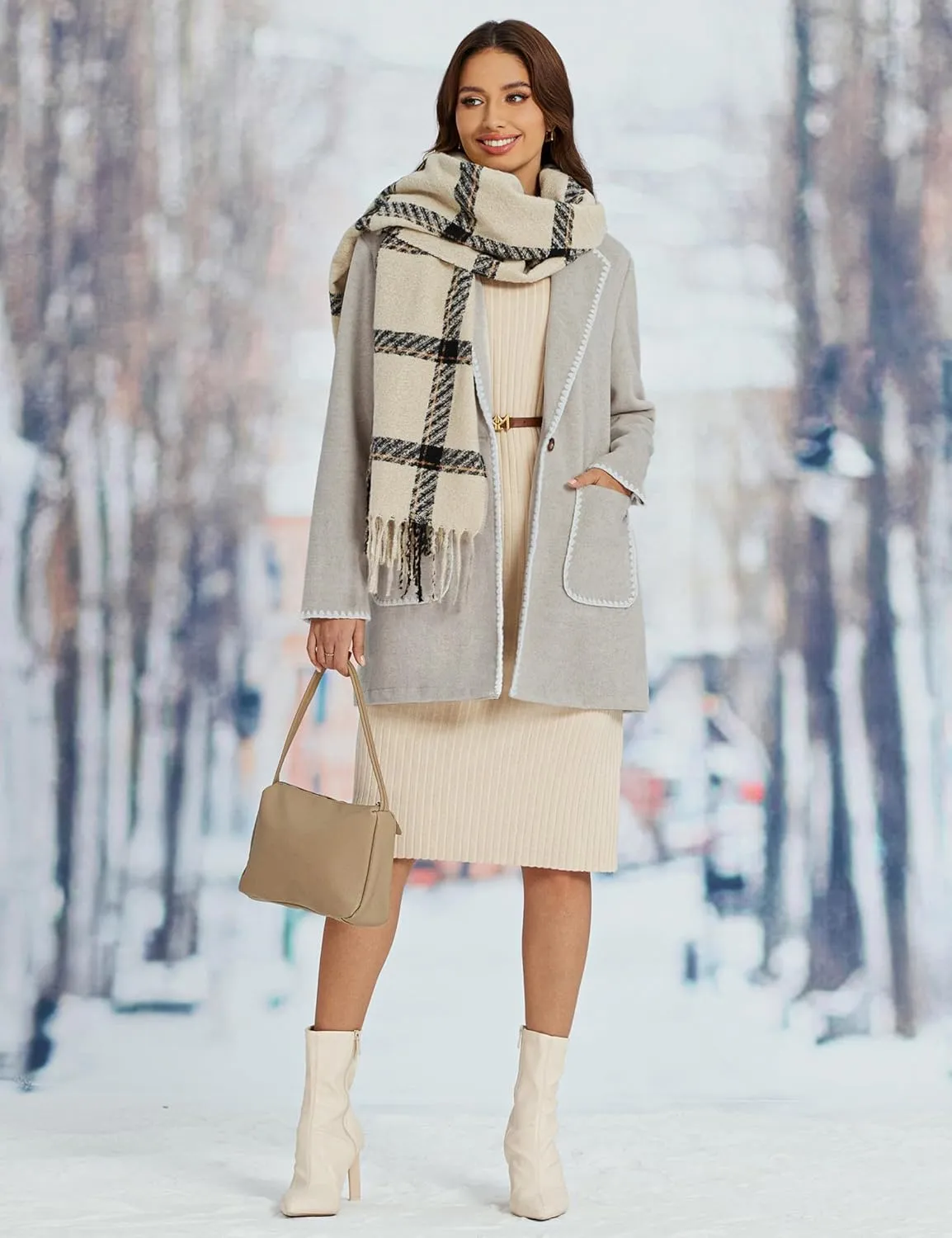 luvamia Pea Coats for Women Trendy Embroidered Contrast Trim Long Peacoat Jackets Lapel Button Winter Coat with Pockets