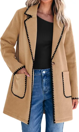 luvamia Pea Coats for Women Trendy Embroidered Contrast Trim Long Peacoat Jackets Lapel Button Winter Coat with Pockets