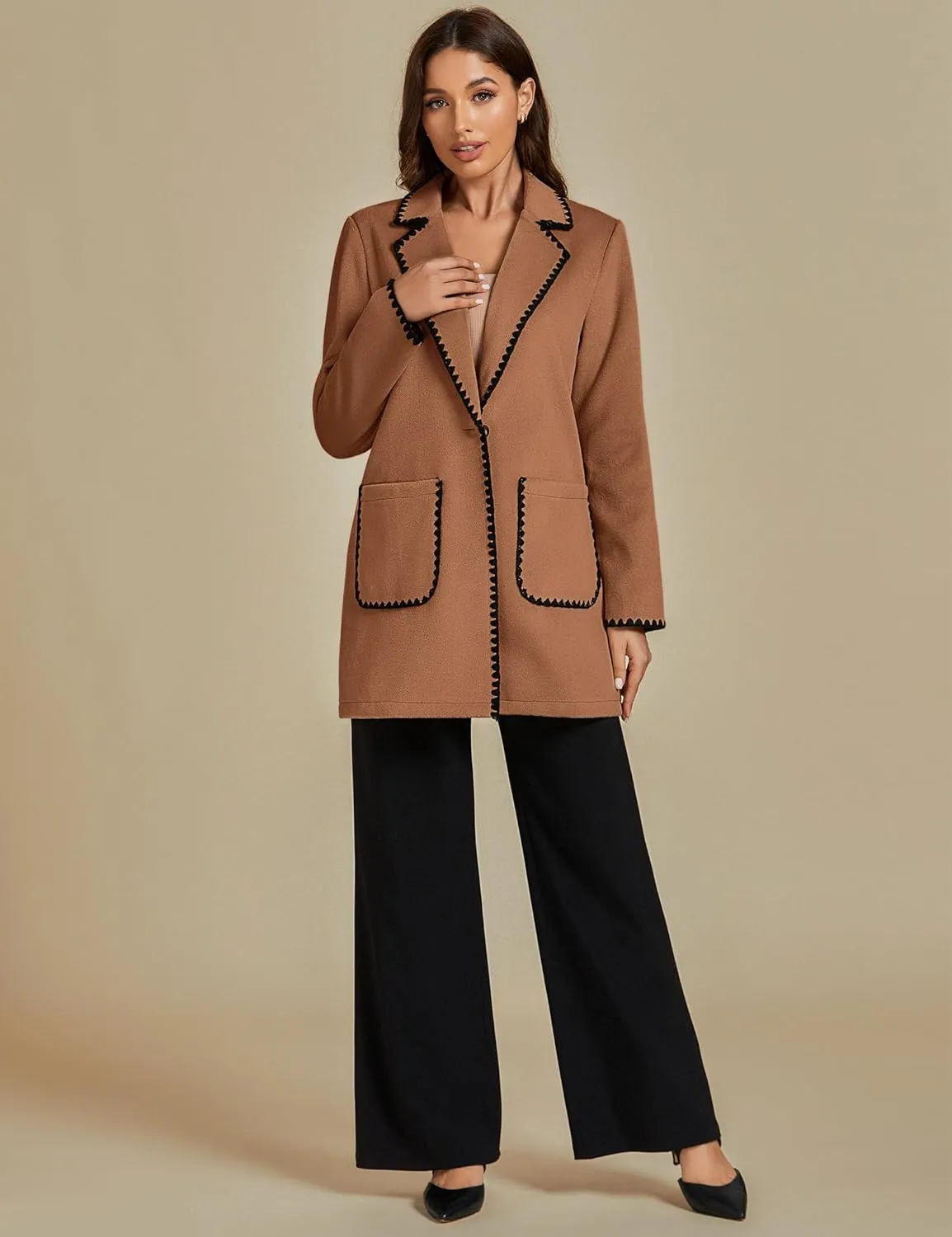 luvamia Pea Coats for Women Trendy Embroidered Contrast Trim Long Peacoat Jackets Lapel Button Winter Coat with Pockets