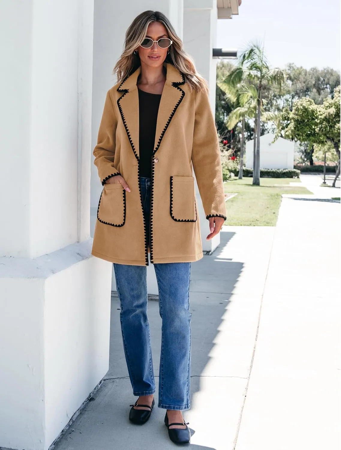 luvamia Pea Coats for Women Trendy Embroidered Contrast Trim Long Peacoat Jackets Lapel Button Winter Coat with Pockets