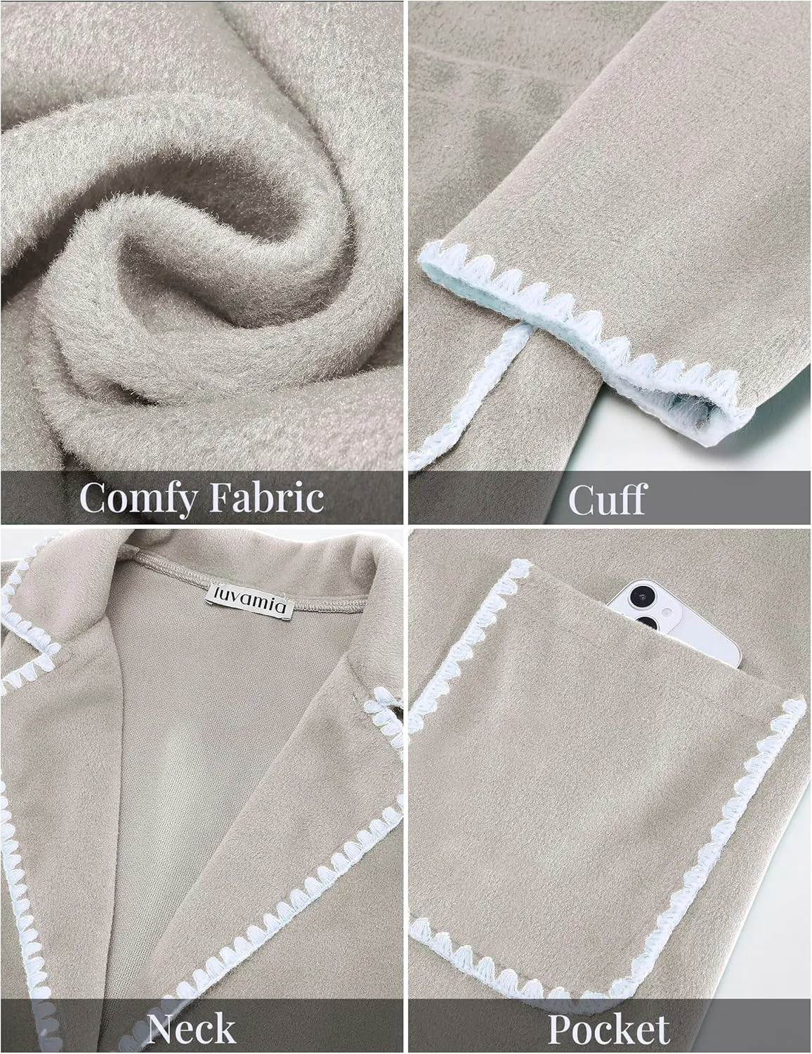 luvamia Pea Coats for Women Trendy Embroidered Contrast Trim Long Peacoat Jackets Lapel Button Winter Coat with Pockets