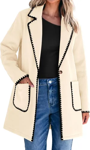 luvamia Pea Coats for Women Trendy Embroidered Contrast Trim Long Peacoat Jackets Lapel Button Winter Coat with Pockets