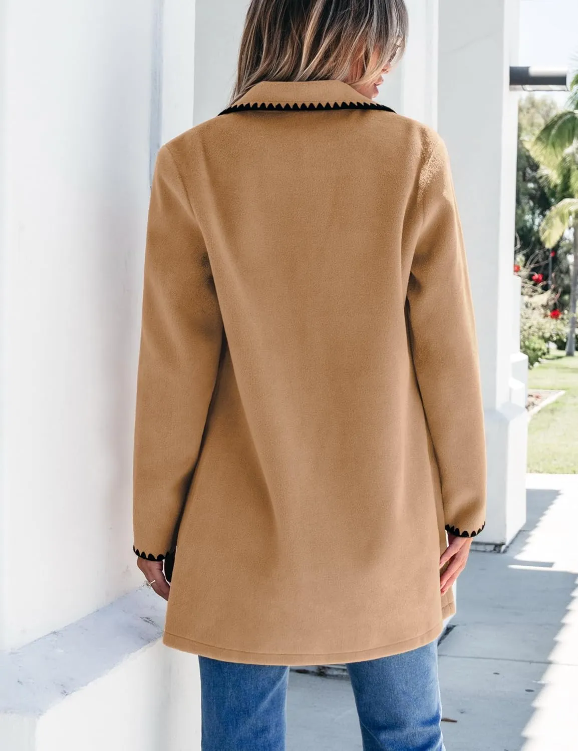 luvamia Pea Coats for Women Trendy Embroidered Contrast Trim Long Peacoat Jackets Lapel Button Winter Coat with Pockets
