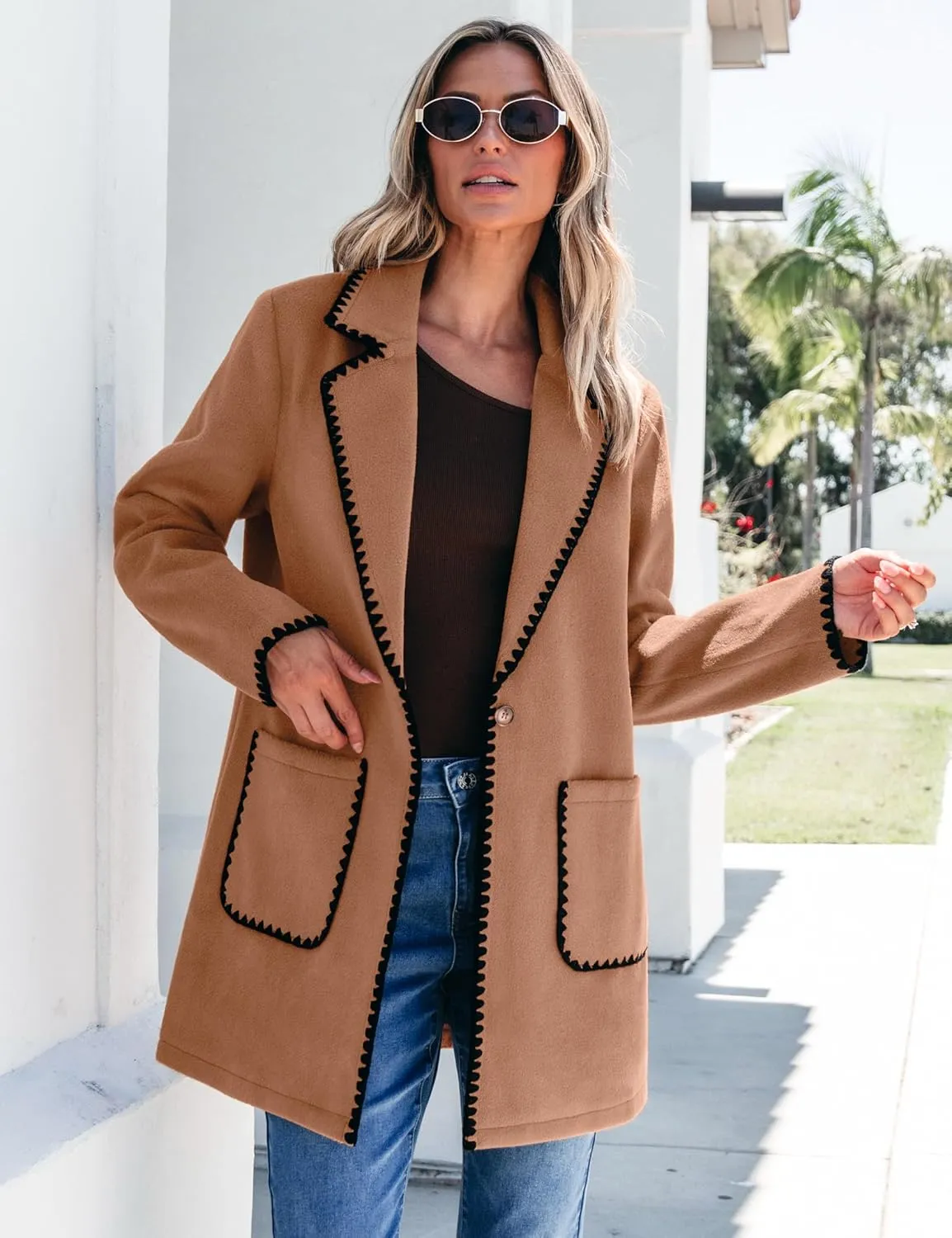 luvamia Pea Coats for Women Trendy Embroidered Contrast Trim Long Peacoat Jackets Lapel Button Winter Coat with Pockets