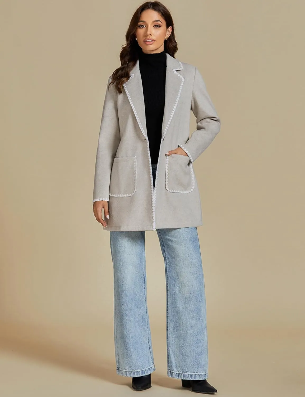 luvamia Pea Coats for Women Trendy Embroidered Contrast Trim Long Peacoat Jackets Lapel Button Winter Coat with Pockets