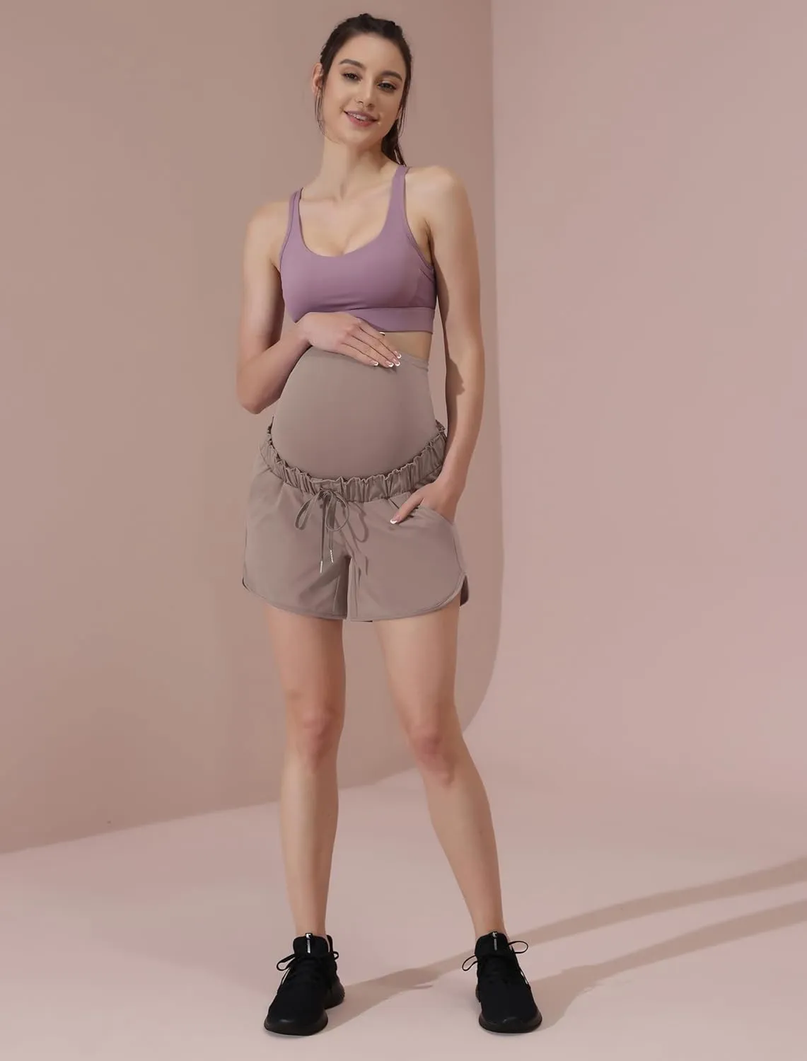 Maacie Maternity High Waist Shorts Drawstring Workout Shorts with Pockets
