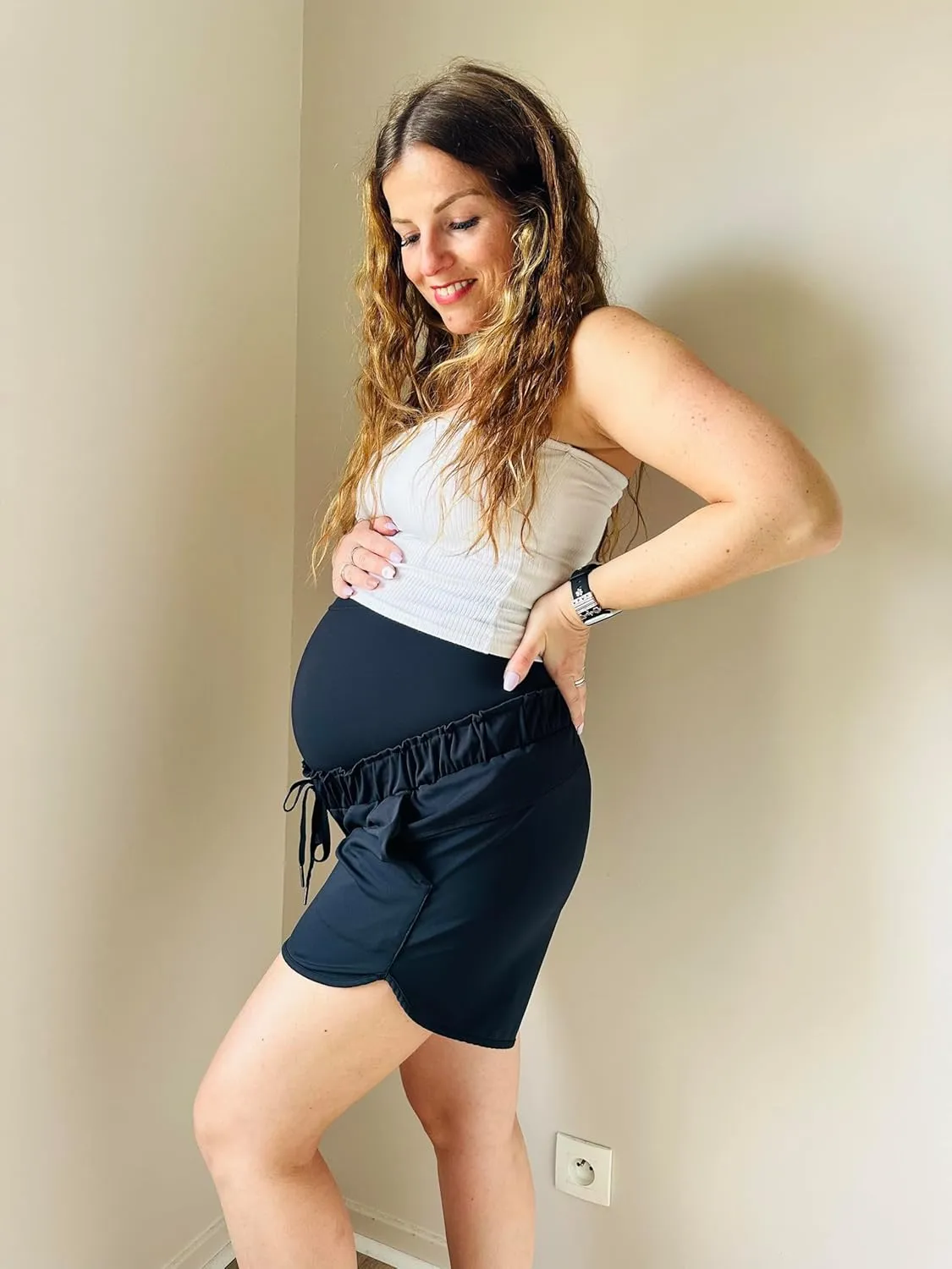 Maacie Maternity High Waist Shorts Drawstring Workout Shorts with Pockets