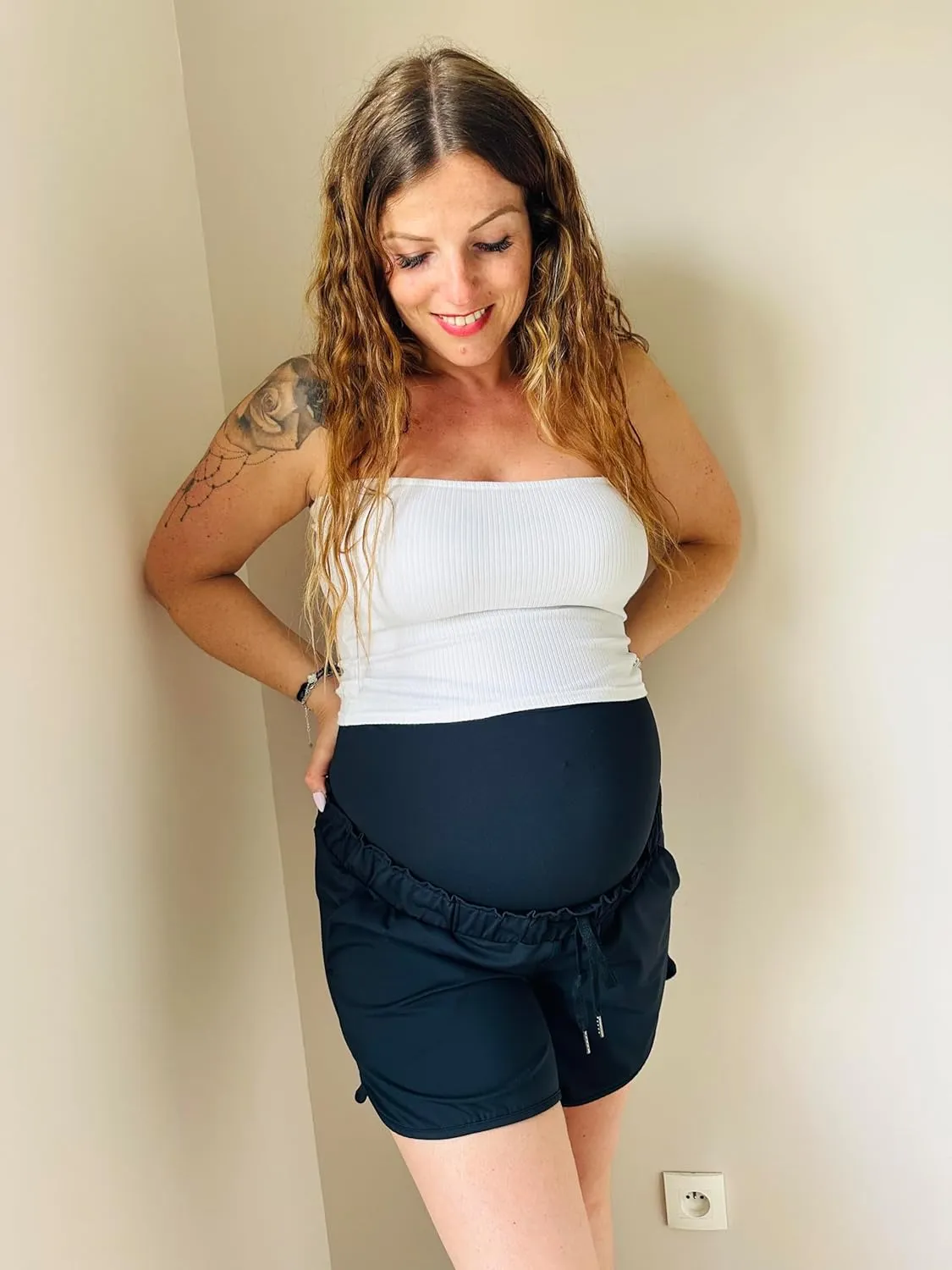 Maacie Maternity High Waist Shorts Drawstring Workout Shorts with Pockets