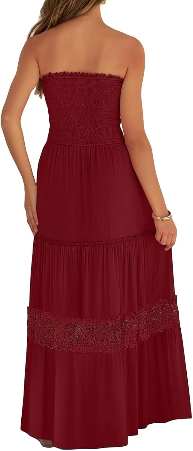 Maxi Dresses for Women Summer Boho Strapless Off Shoulder Dress Smocked Lace Trim Flowy A Line Beach Dress