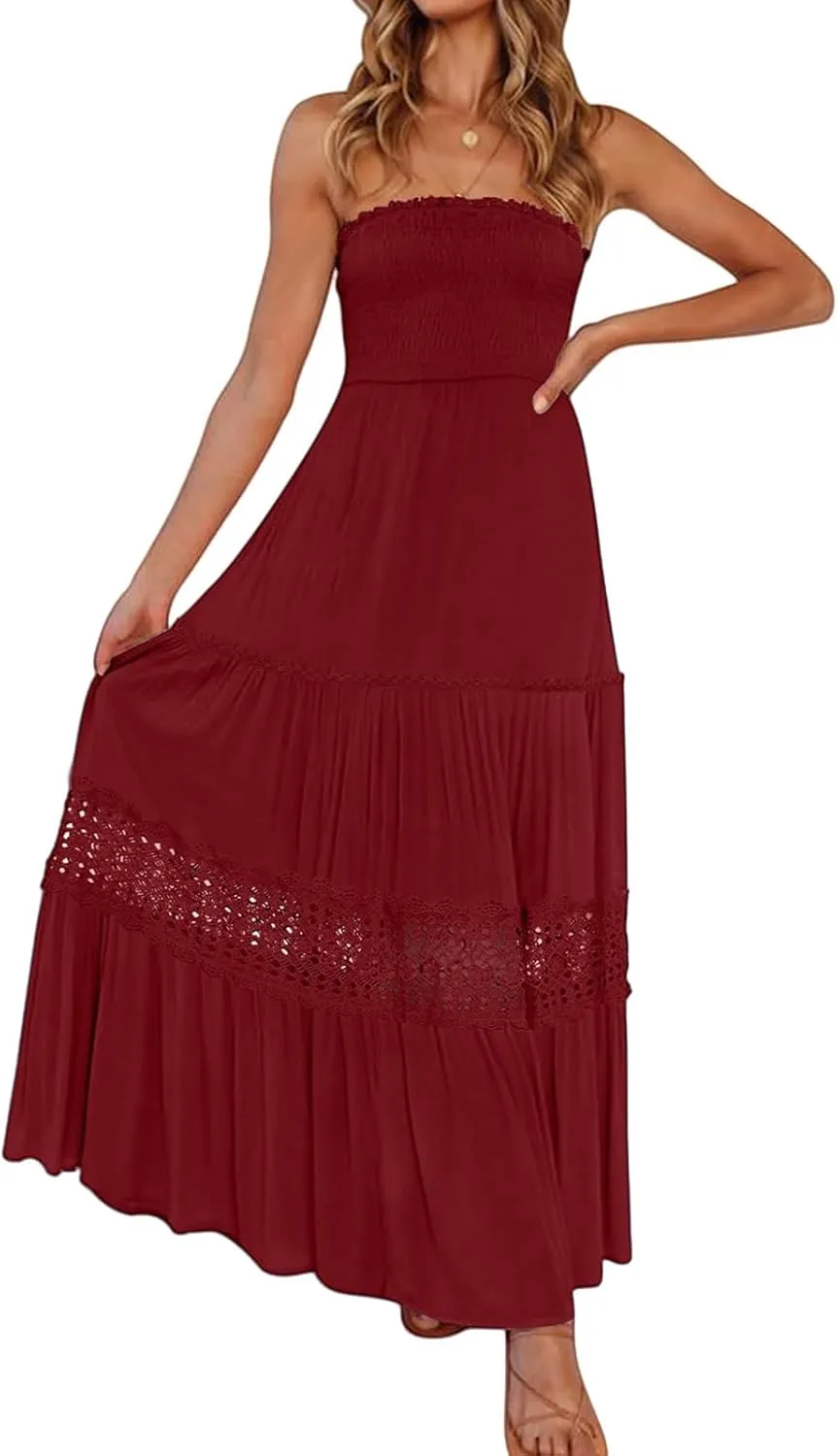 Maxi Dresses for Women Summer Boho Strapless Off Shoulder Dress Smocked Lace Trim Flowy A Line Beach Dress