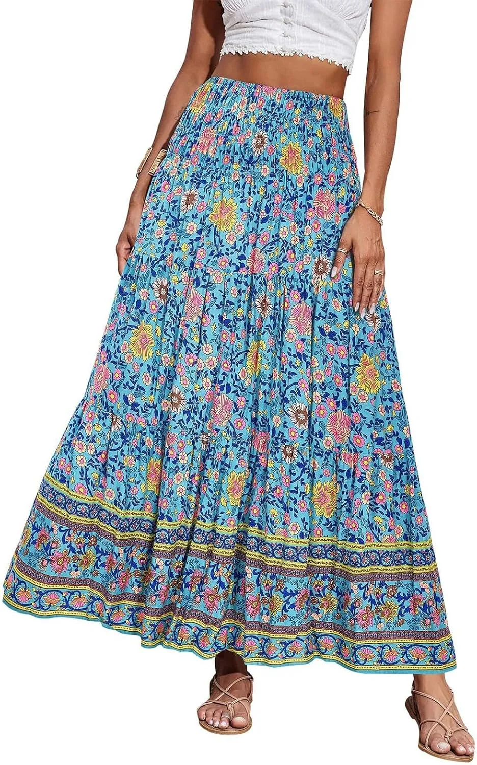 Maxi Skirt for Women Boho Summer Tiered Drawstring High Waisted Skirts Pleated Aline Skirts Elegant Long Skirt