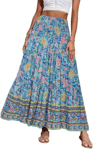 Maxi Skirt for Women Boho Summer Tiered Drawstring High Waisted Skirts Pleated Aline Skirts Elegant Long Skirt