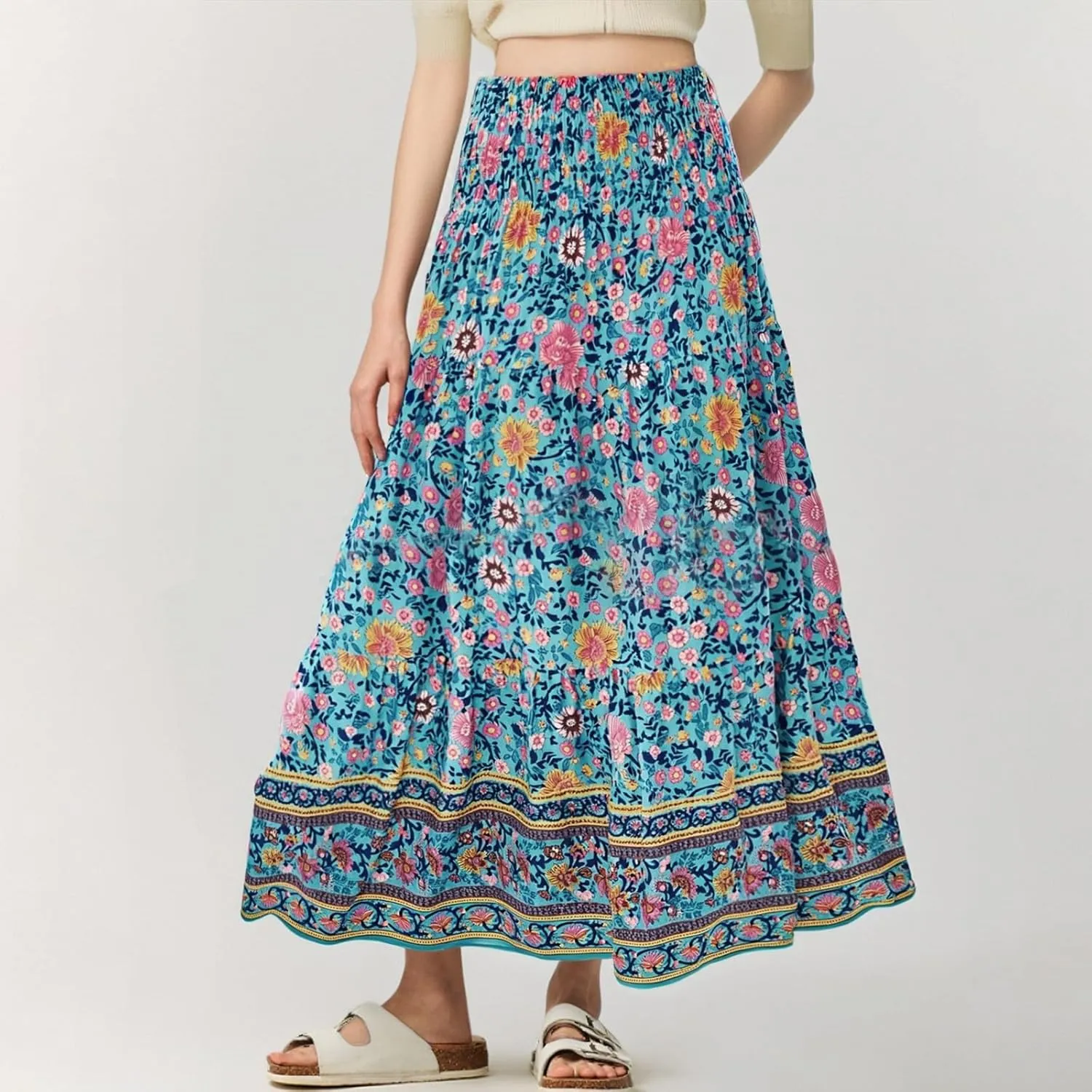 Maxi Skirt for Women Boho Summer Tiered Drawstring High Waisted Skirts Pleated Aline Skirts Elegant Long Skirt