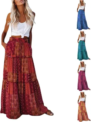Maxi Skirt for Women Casual High Waist Tie Paisley Print Long Skirts with Pocket Bohemian Flowy Pleated Tiered Skirt