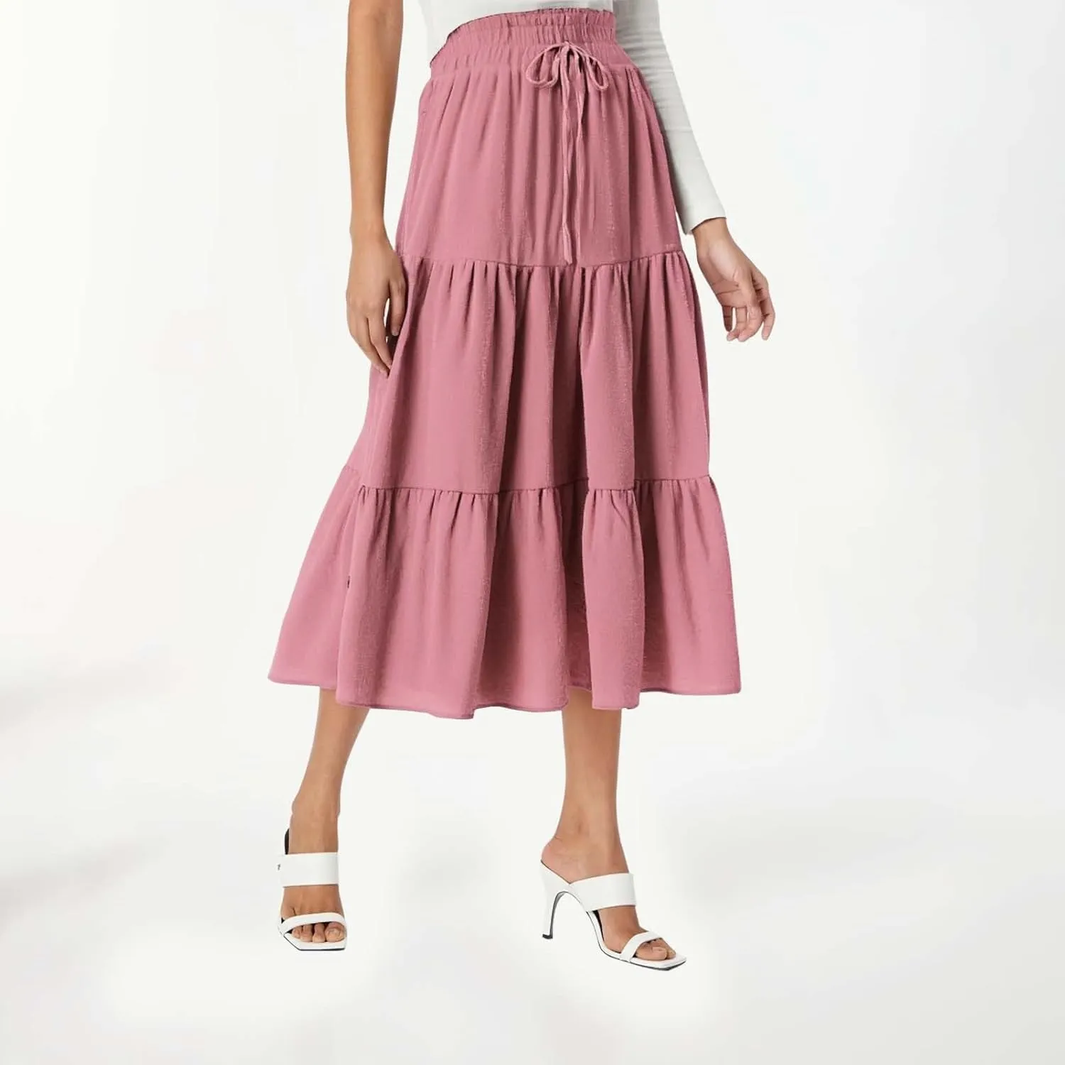 Maxi Skirt for Women Long Drawstring High Elastic Waist Ruffles A-Line Loose Solid Color Casual Midi Skirts Loungewear