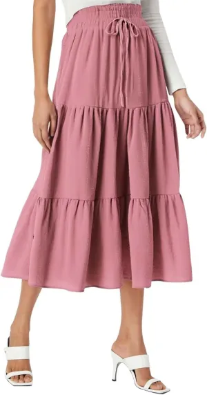 Maxi Skirt for Women Long Drawstring High Elastic Waist Ruffles A-Line Loose Solid Color Casual Midi Skirts Loungewear