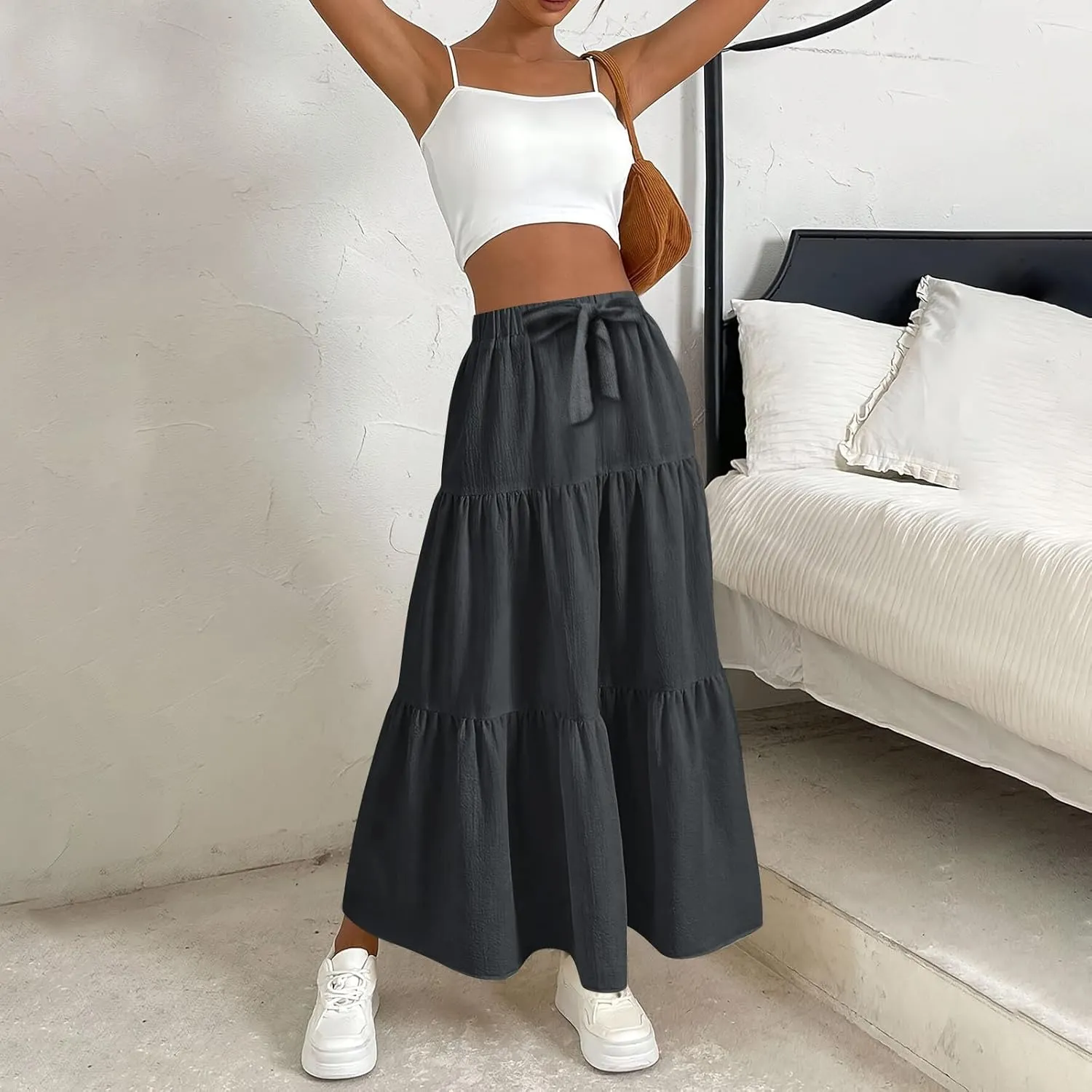 Maxi Skirt for Women Summer Drawstring High Waisted Aline Skirts Swing Tiered Ruffle Long Beach Skirt (S-2Xl)