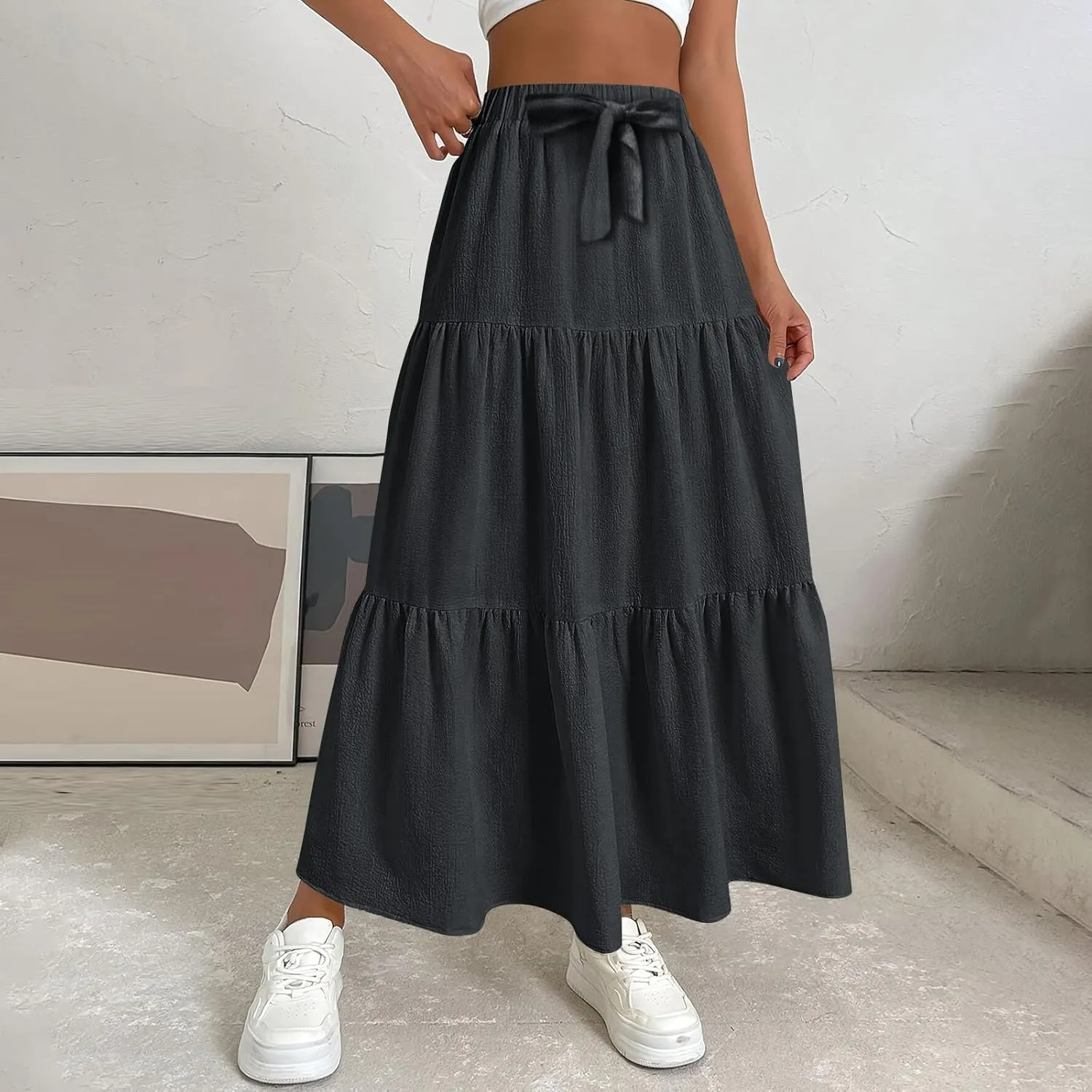 Maxi Skirt for Women Summer Drawstring High Waisted Aline Skirts Swing Tiered Ruffle Long Beach Skirt (S-2Xl)