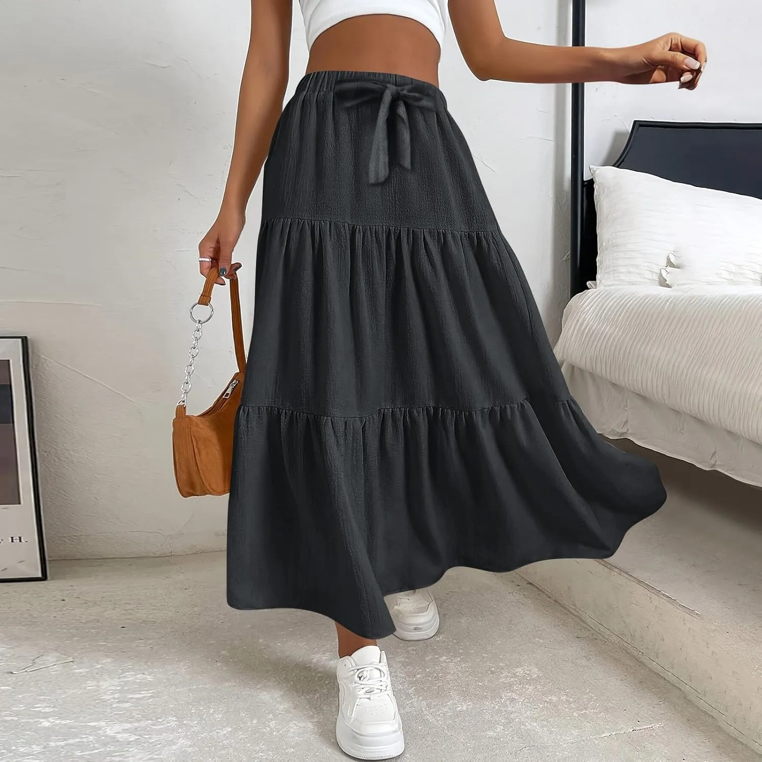 Maxi Skirt for Women Summer Drawstring High Waisted Aline Skirts Swing Tiered Ruffle Long Beach Skirt (S-2Xl)