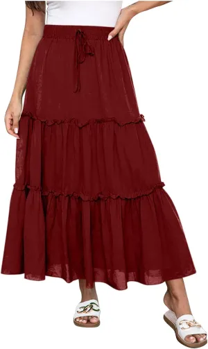 Maxi Skirts for Women Flowy Ruffle Skirts Long Boho Skirts Drawstring Elastic Wasited Skirts Beach Vacation Clothes