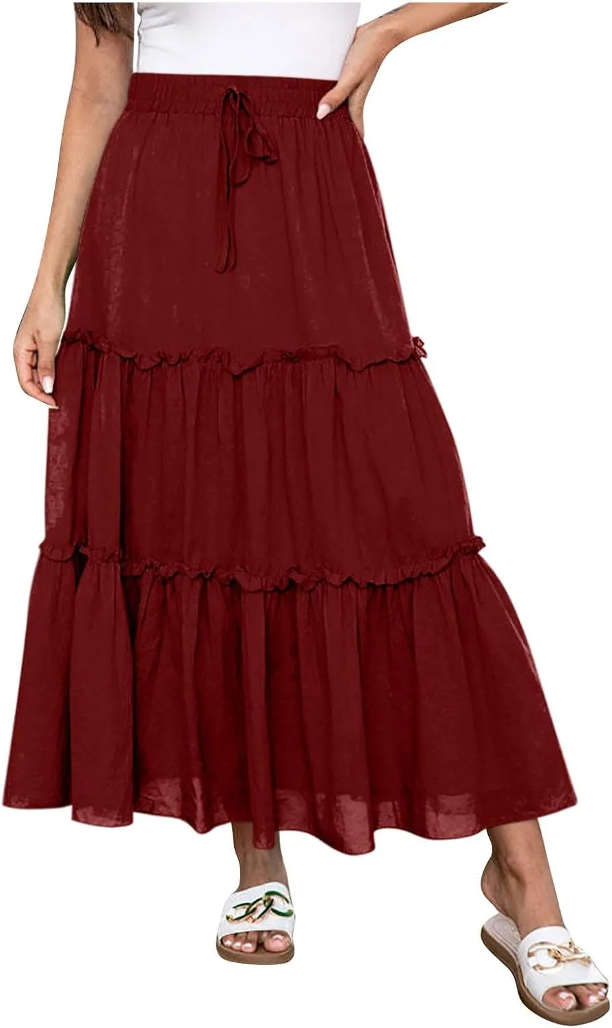 Maxi Skirts for Women Flowy Ruffle Skirts Long Boho Skirts Drawstring Elastic Wasited Skirts Beach Vacation Clothes