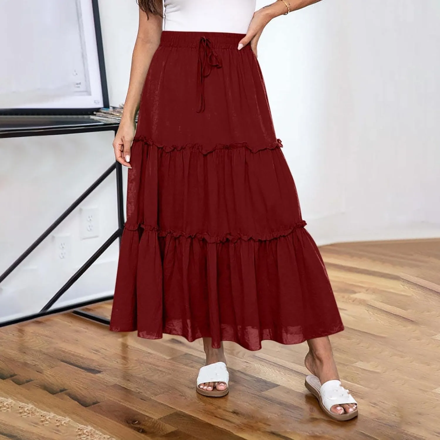 Maxi Skirts for Women Flowy Ruffle Skirts Long Boho Skirts Drawstring Elastic Wasited Skirts Beach Vacation Clothes