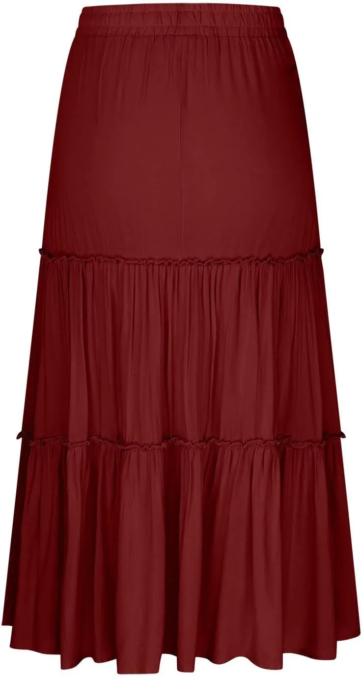 Maxi Skirts for Women Flowy Ruffle Skirts Long Boho Skirts Drawstring Elastic Wasited Skirts Beach Vacation Clothes
