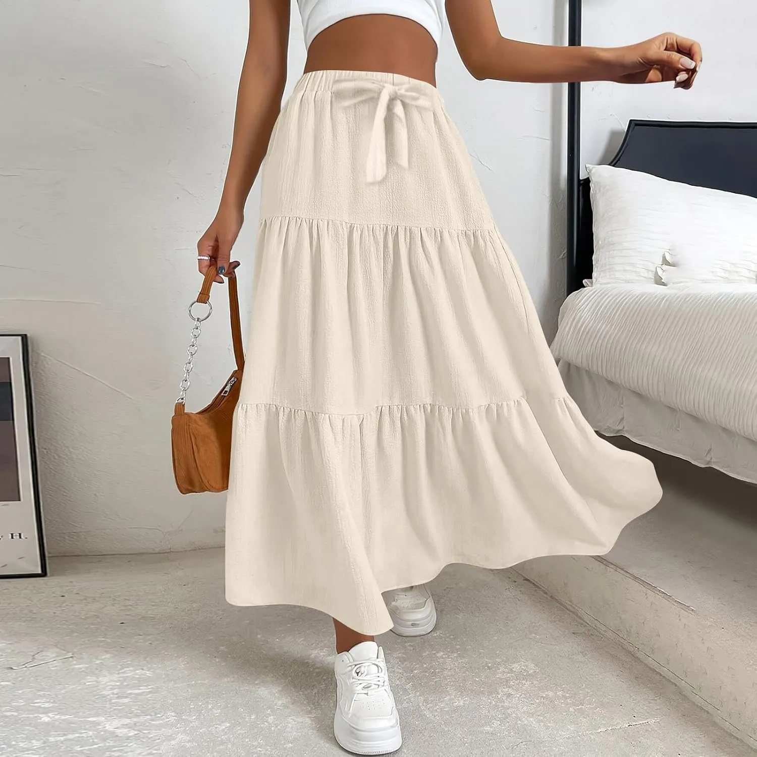 Maxi Skirts for Women Summer 3-Layer Tiered Elastic High Waisted Beach Skirt Smocked A Line Skirts Flowy Long Skirt