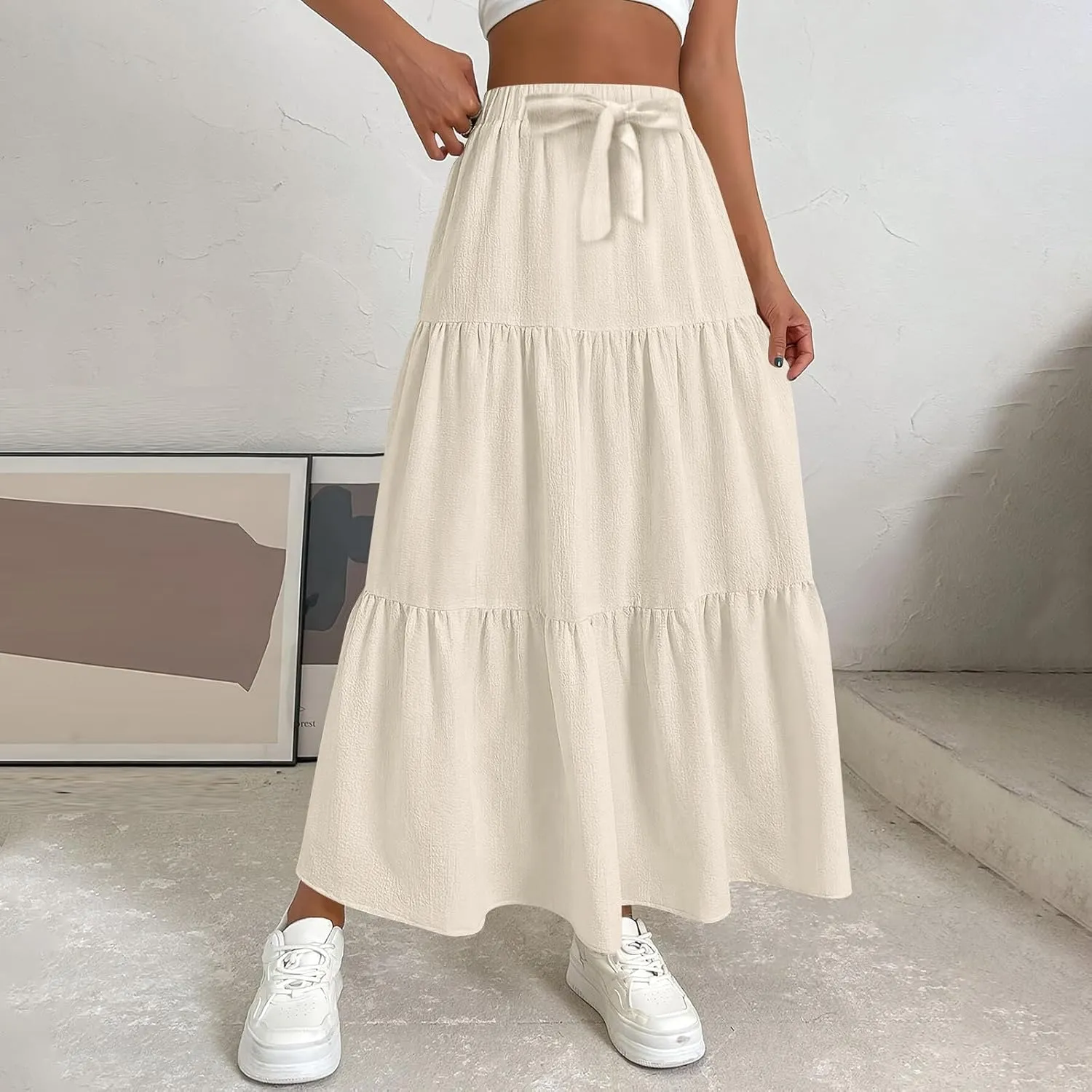 Maxi Skirts for Women Summer 3-Layer Tiered Elastic High Waisted Beach Skirt Smocked A Line Skirts Flowy Long Skirt