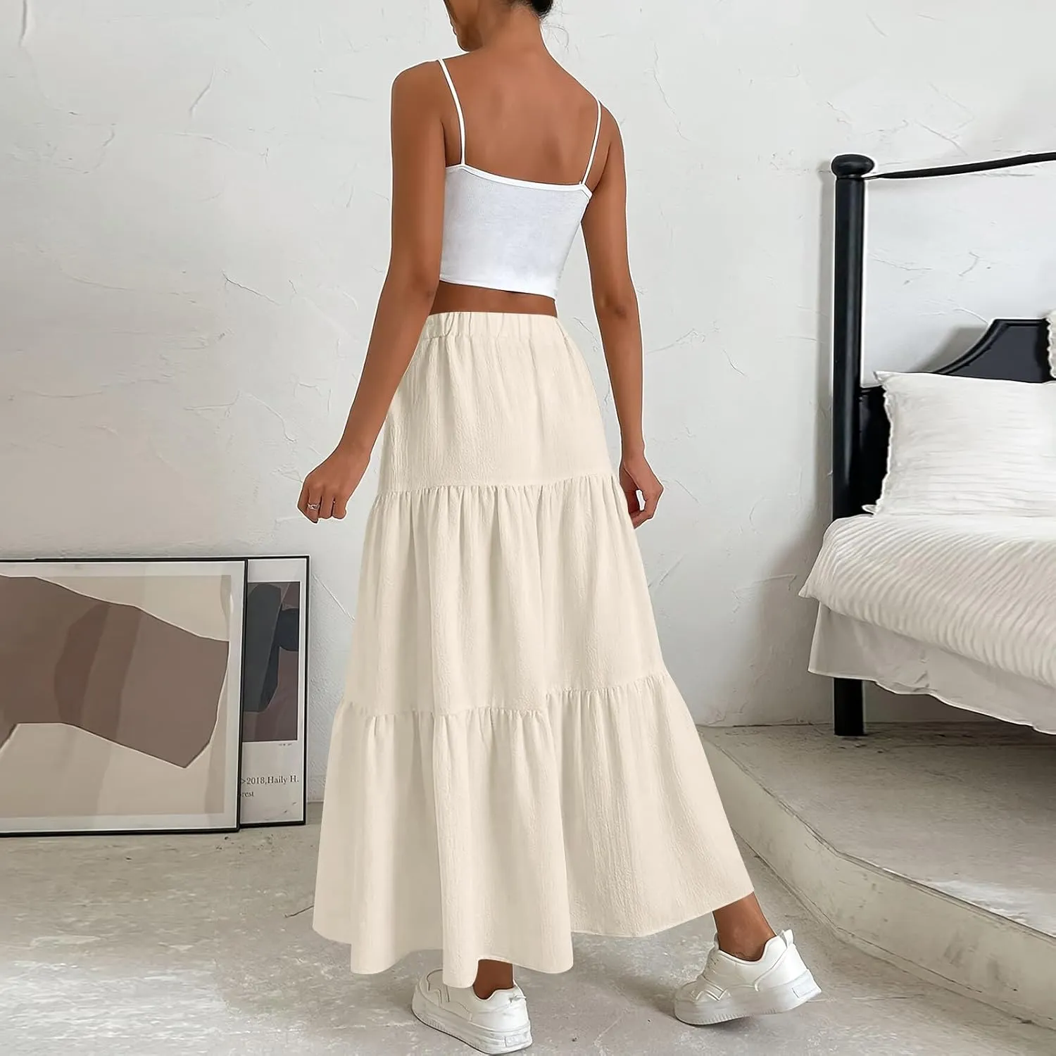 Maxi Skirts for Women Summer 3-Layer Tiered Elastic High Waisted Beach Skirt Smocked A Line Skirts Flowy Long Skirt