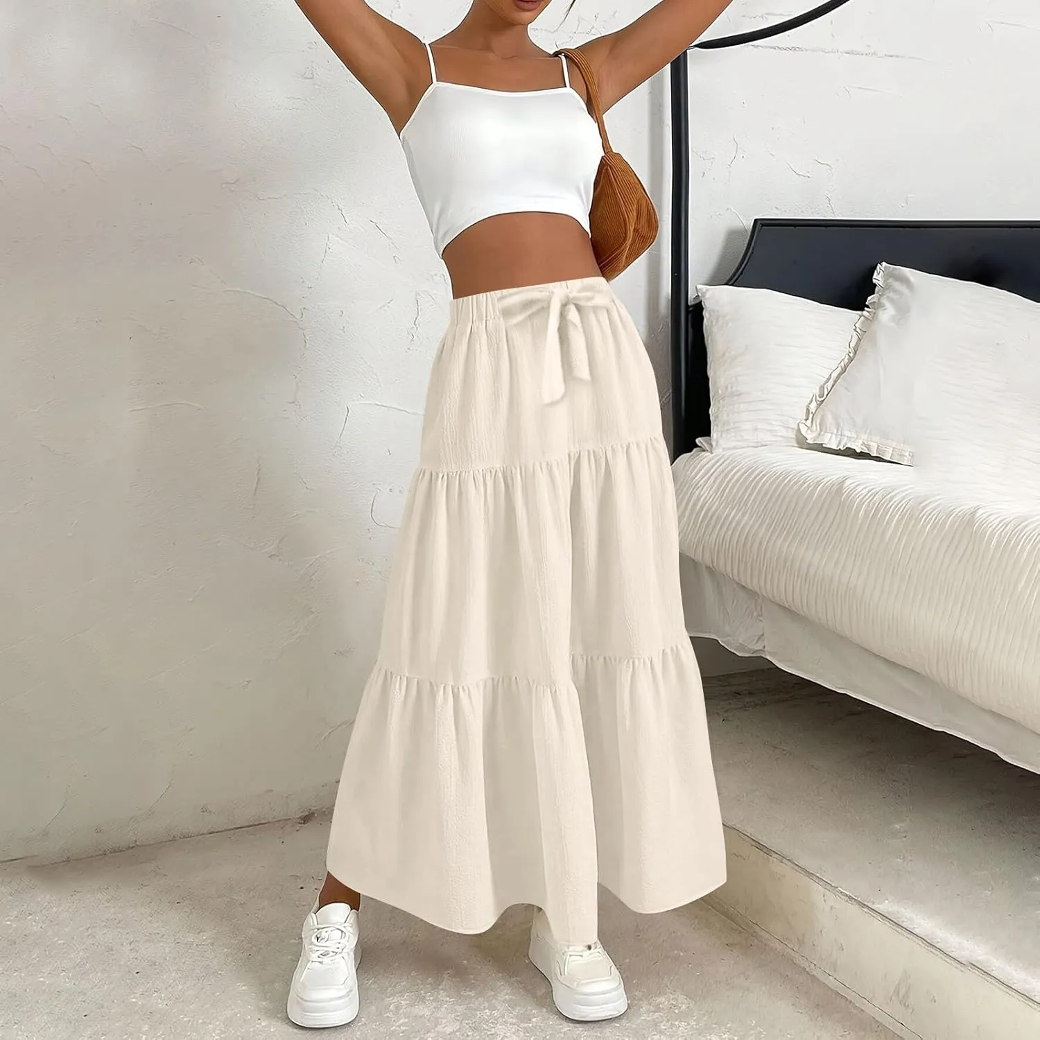 Maxi Skirts for Women Summer 3-Layer Tiered Elastic High Waisted Beach Skirt Smocked A Line Skirts Flowy Long Skirt