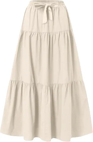 Maxi Skirts for Women Summer 3-Layer Tiered Elastic High Waisted Beach Skirt Smocked A Line Skirts Flowy Long Skirt