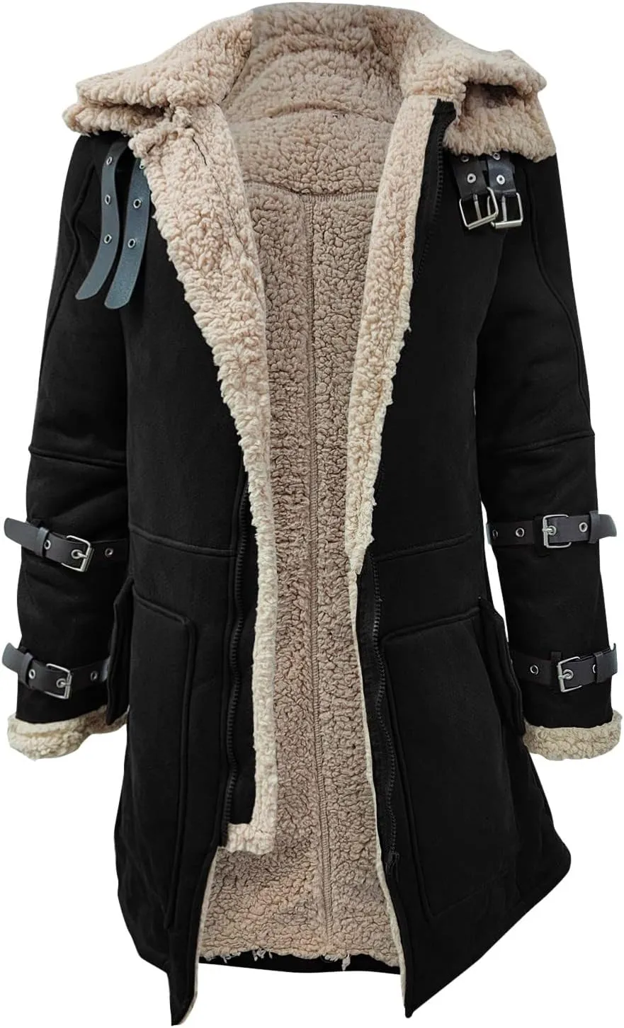 Men Lamb Wool Bomber Jacket Coat Faux Leather Sherpa Fleece Lined Jackets Heavyweight Suede Faux Fur Trench Coats