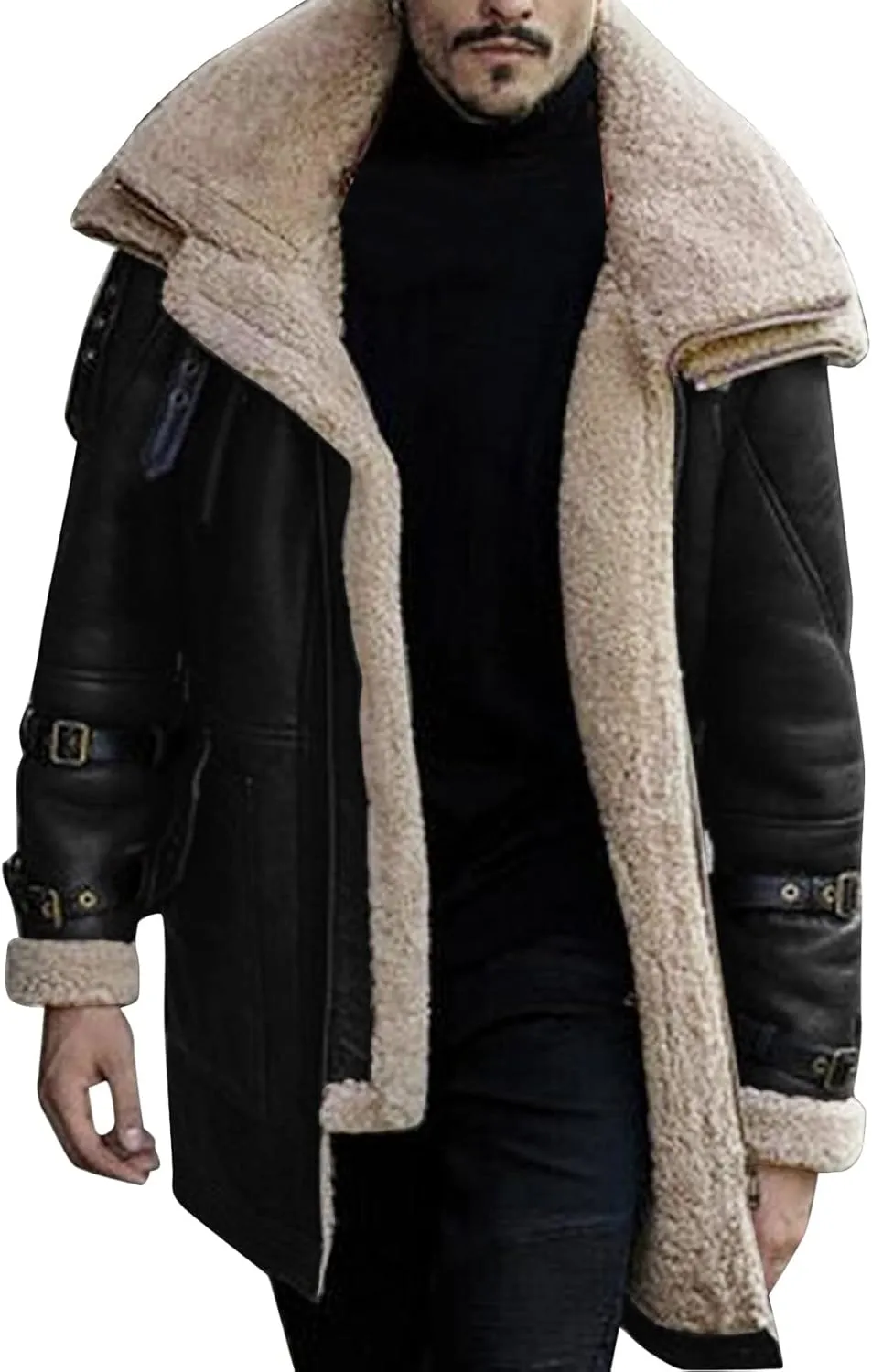 Men Lamb Wool Bomber Jacket Coat Faux Leather Sherpa Fleece Lined Jackets Heavyweight Suede Faux Fur Trench Coats